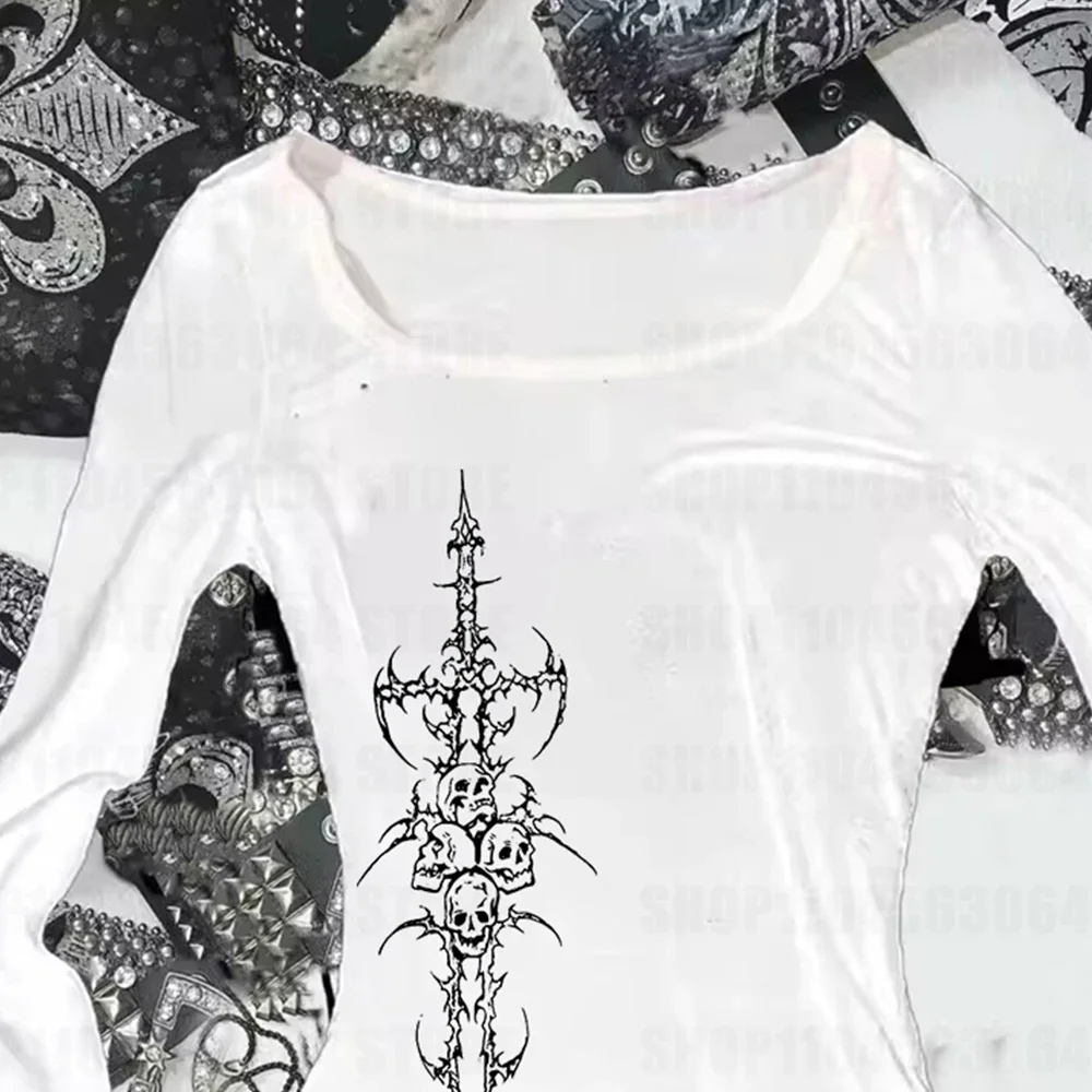 Yedinas Korean Fashion Graphic Tees Slightly Transparent T Shirt Women Clothing Long Sleeve Loose T-shirt Streetwear Spring Tops