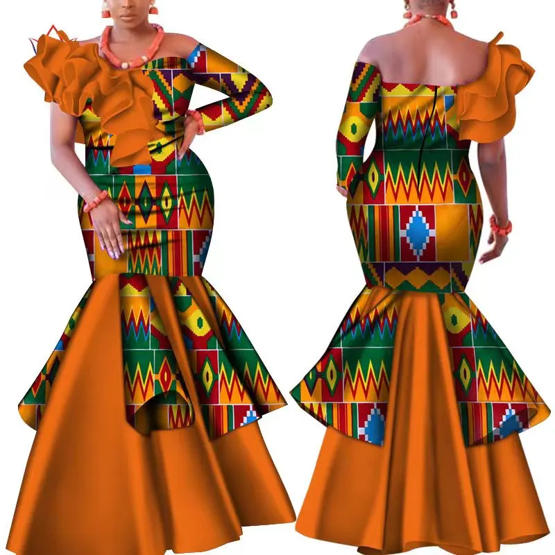 

Dashiki African Dress for Women Bazin Riche One-Shoulder Sexy Slash Neck Wedding Party Dress Traditional African Clothing