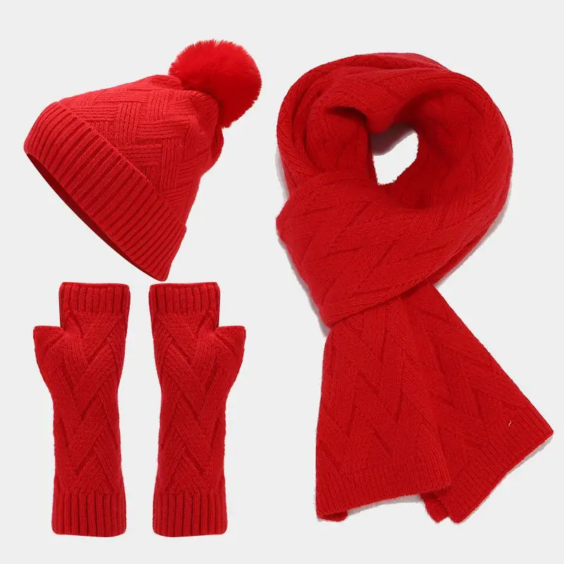 Winter Knitted hat hairball set Women scarf Long gloves three-piece set warm thickened set with velvet outdoor Fashion adult