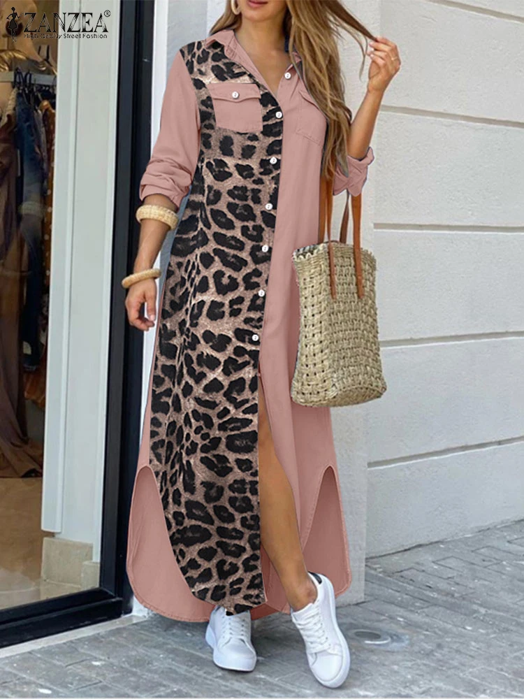 Mode Herbst Hemd Kleid ZANZEA Frauen 2025, Stilvolle Langarm Leopard Kleider Casual Patchwork Robe Femme Maxi Lange Vestidos