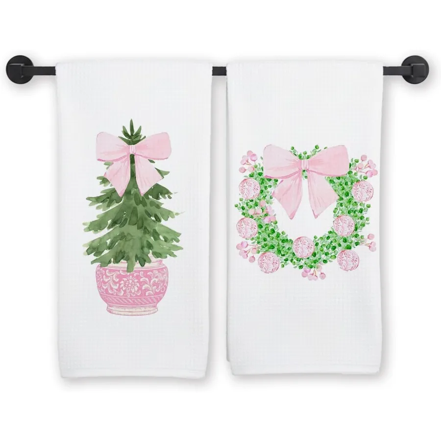 

Pink Chinoiserie Christmas Tree Kitchen Towels Preppy Christmas Dish Tea Towels Grandmillennial Xmas Wreath Decorative Hand Tow