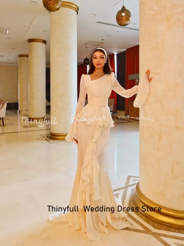 Thinyfull حورية البحر لامعة العربية فساتين لحضور الحفلات الموسيقية كامل الأكمام الكشكشة مساء فستان طويل مناسبة رسمية ثوب رداء دي سواريه مخصص