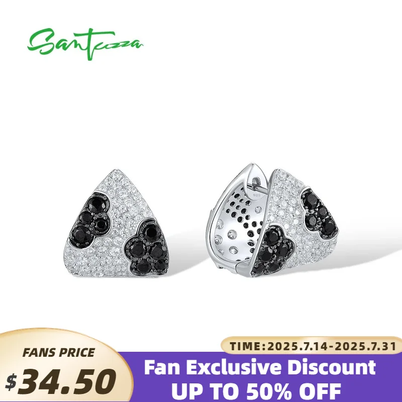 

SANTUZZA Real 925 Sterling Silver Clip Earrings For Women Sparkling White CZ Black Spinel Chic Triangle Party Fine Jewelry