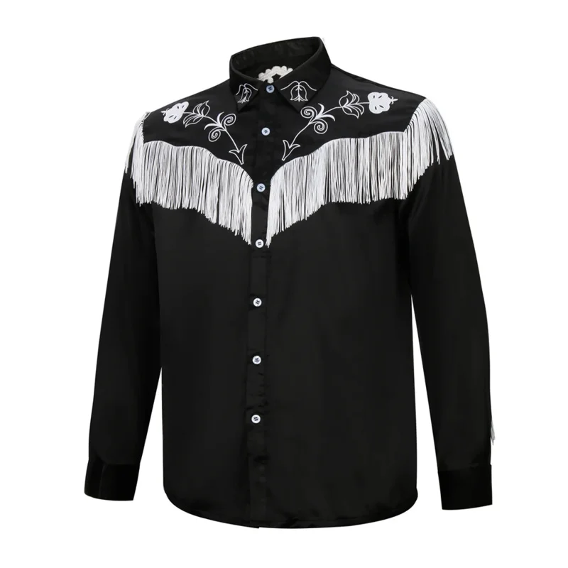 Ken Black Broderie Tassels Shirt for Adult Men, Retro 80s 90 Stage Performance Shirts, Presidence Kerchief, Halloween Cosplay Uniform, PA