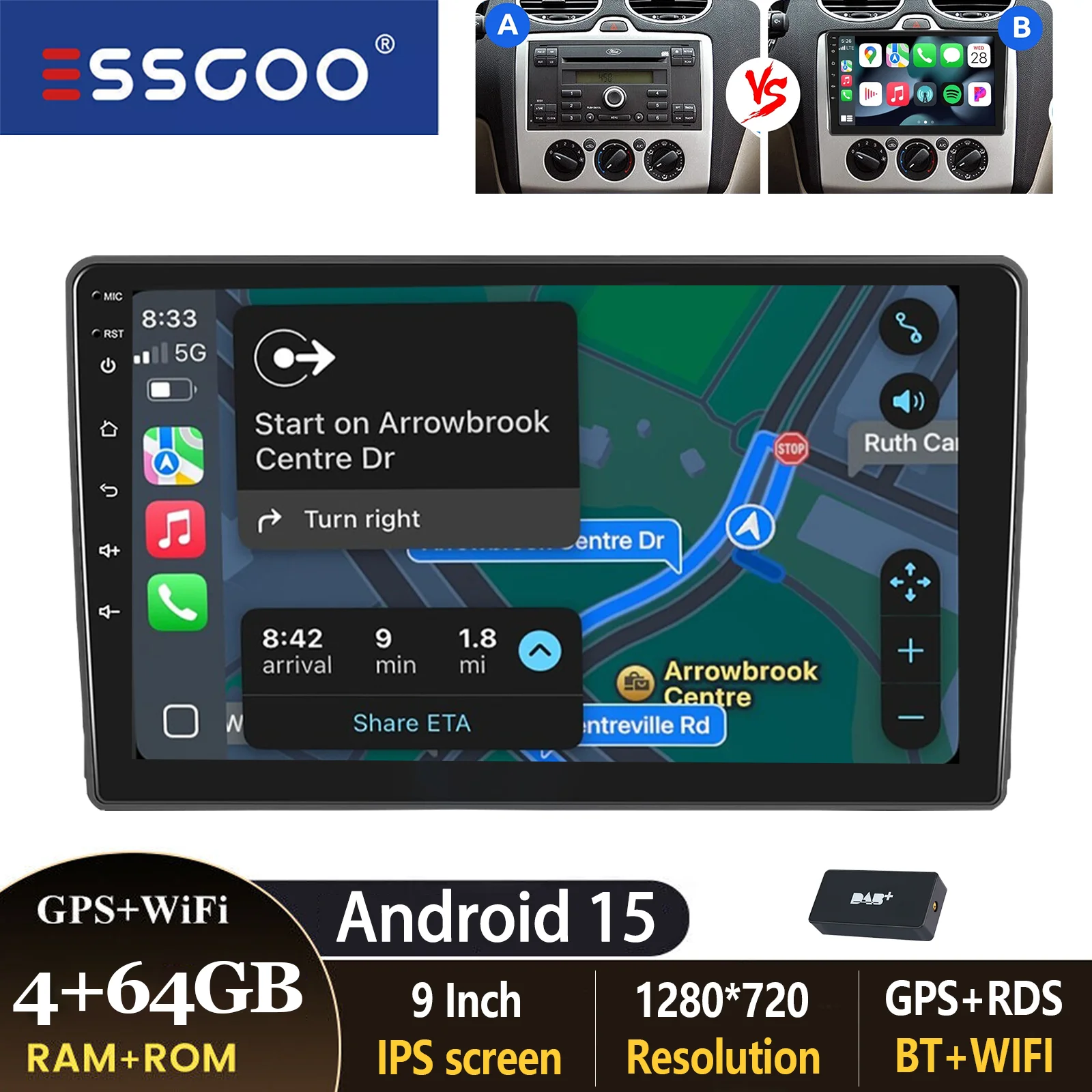 ESSGOO 9 inch autoradio voor Ford Focus MK2 Transit MK7 C-Max S-Max Kuga Galaxy Connect met Carplay, Android Auto, GPS, BT, FM, RDS en SWC