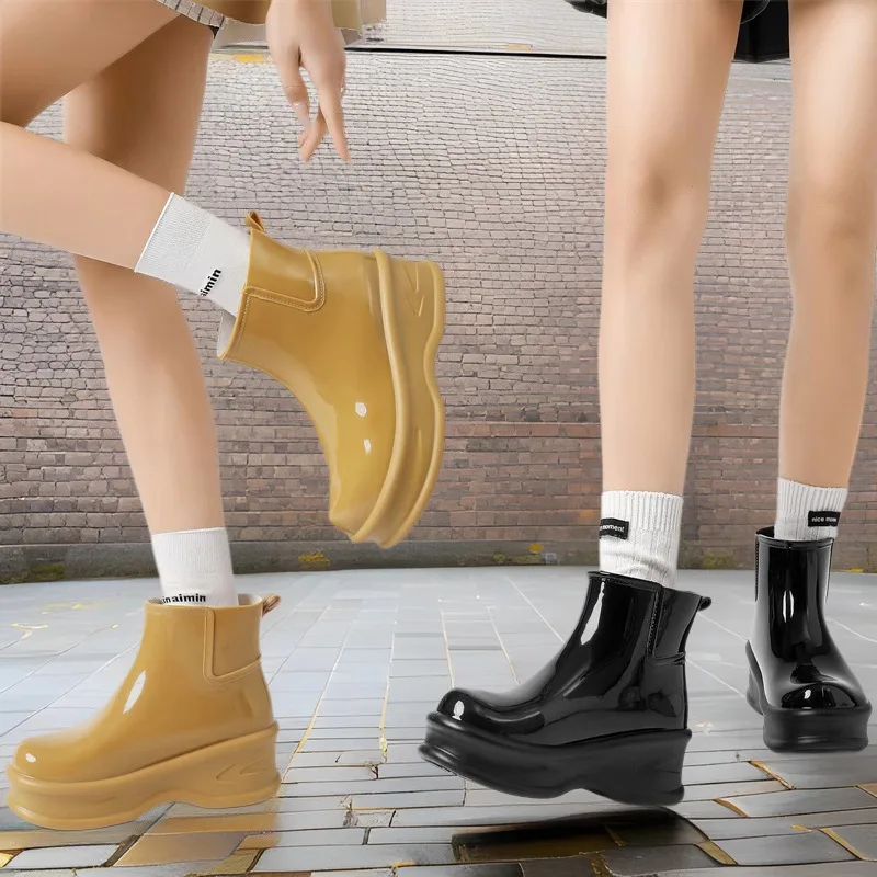 

Women Glossy Platform Rain Boots Wedge Thick Rain Booties Waterproof PVC Short Fashion Non Slip Outdoor Walking Rain Shoes Men