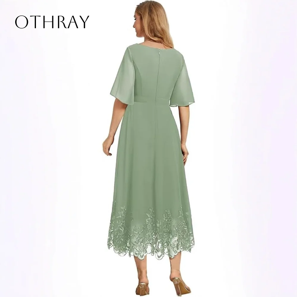 فساتين حفلات العودة للوطن من الشيفون والدانتيل على شكل حرف v وأكمام قصيرة منتفخة بطول الشاي مخصصة رداء السهرة