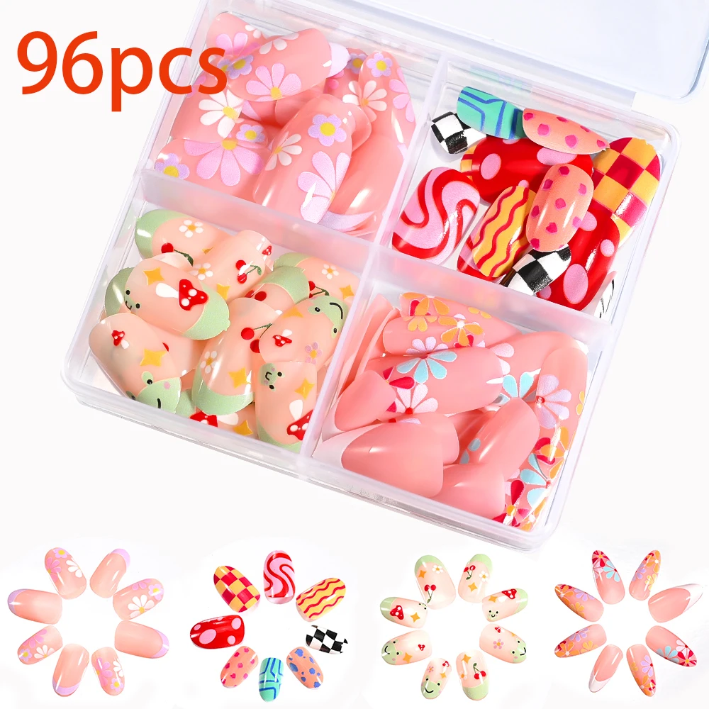 Press On Nails Square Glossy Rainbow Lines False Nail Tips Set_voghion.com