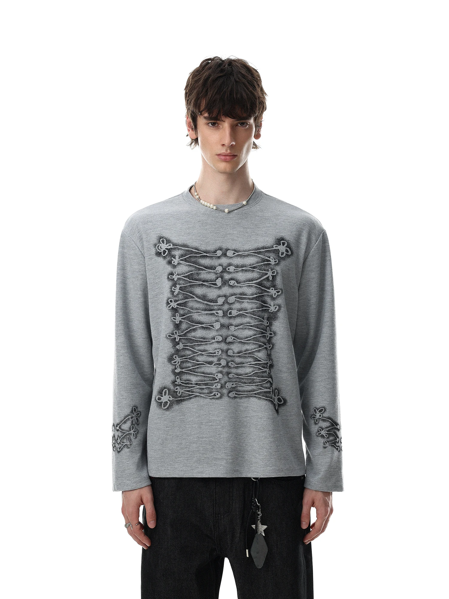 Retro American Court Style Napoleon Print Long Sleeve T-Shirt Unisex Loose Waffle Pattern Top Trendy Cotton Polyester Blend
