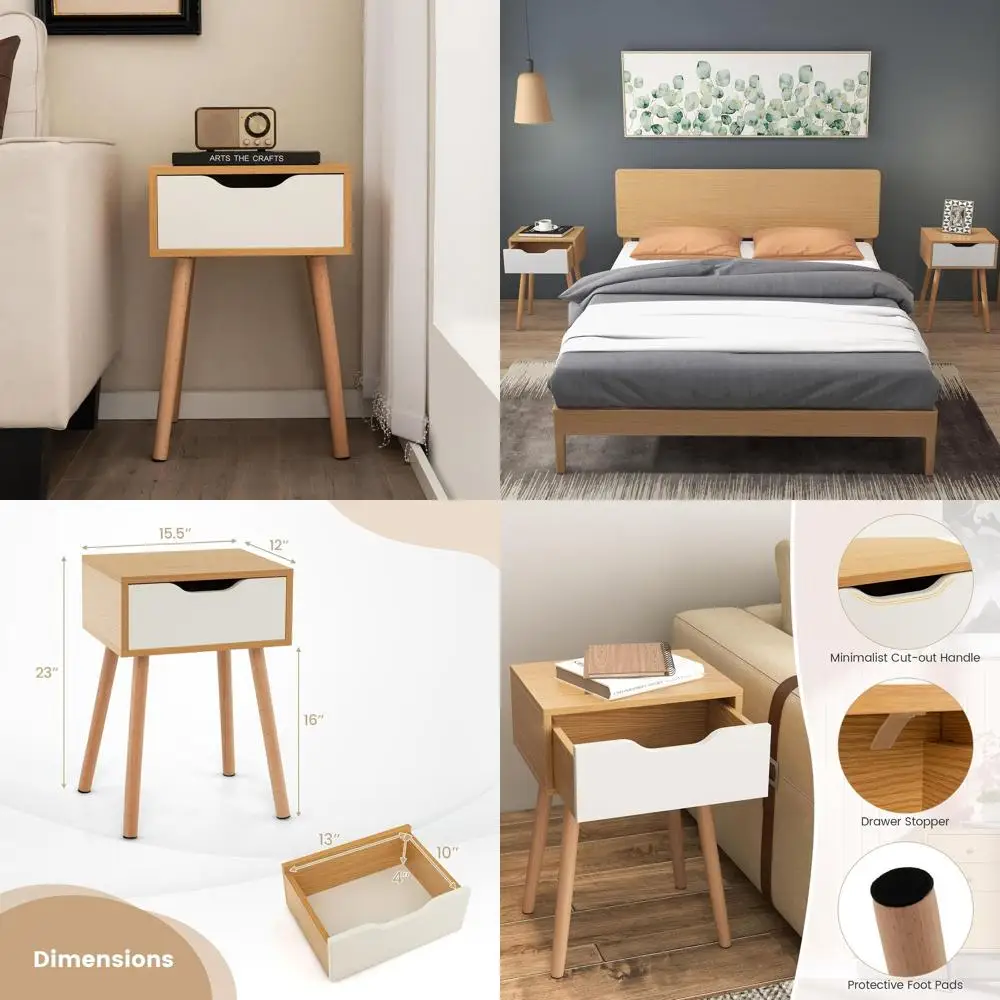 

Pair of Mid Century Modern Nightstands, Wooden Storage Bedside Tables with Solid Beech Legs, Natural Finish for Home