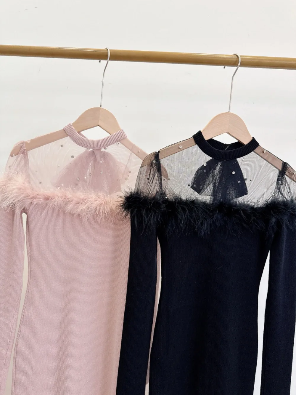 Luxury Feather New Beading Mermaid Robe Mesh Patchwork Celebrity Elegant Dress Japan Slim Bodycon Knit Fashion Vestidos
