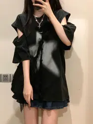 New Summer T-shirt for Women American Street Hip-hop Hiphop Buttons Detachable Sleeves Loose Versatile Top
