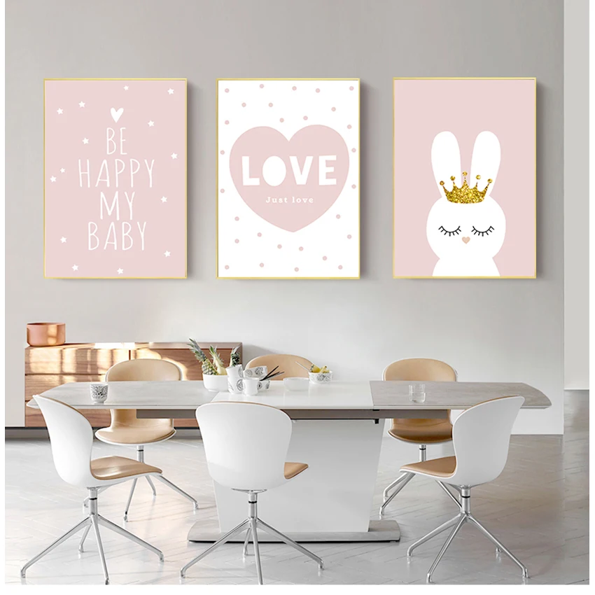 Decoration Picture Nordic Baby Girl Room Decor Nursery Wall Art Canvas Poster Minimalist Crown Bunny Print Pink Cartoon Painting