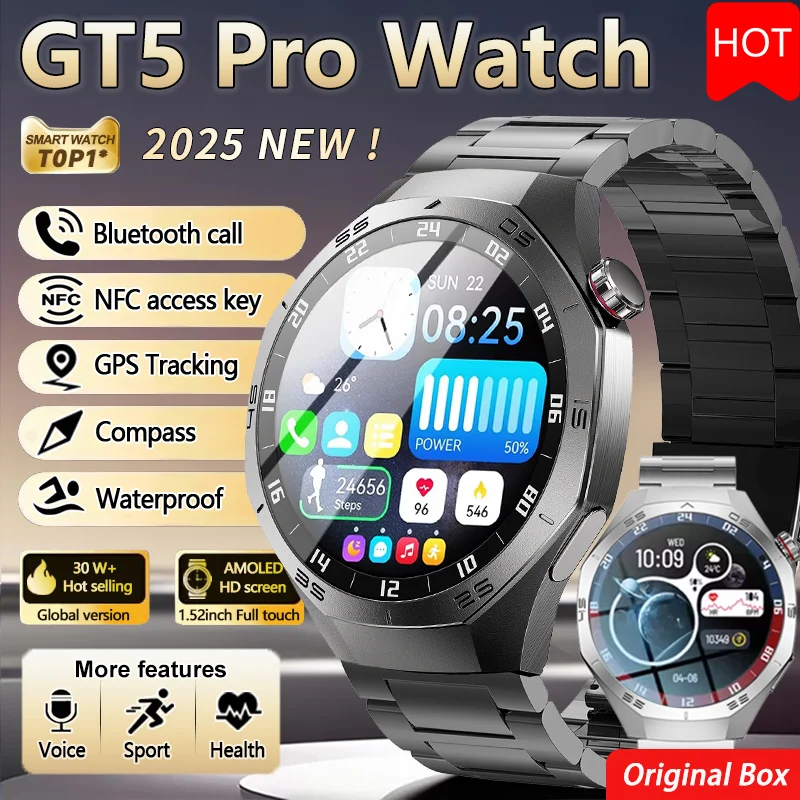 2025 nouvelle montre 5 Pro Smartwatch hommes AMOLED HD Sport de plein air NFC GPS boussole fréquence cardiaque IP68 étanche Bluetooth appel montres