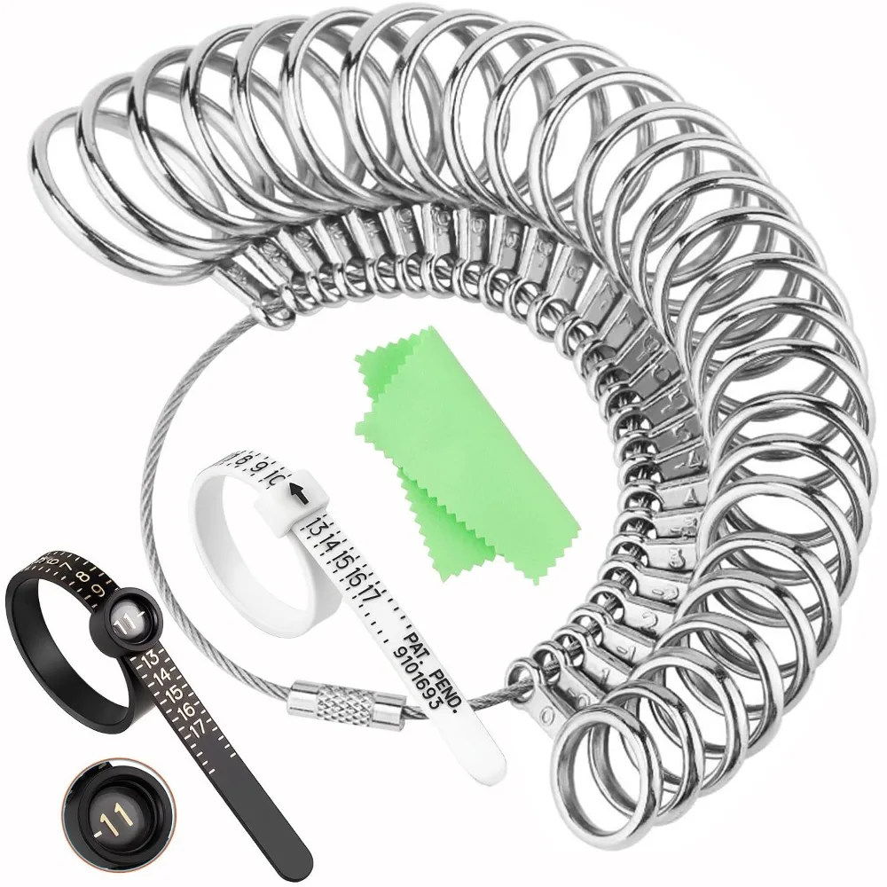 Ring Sizer Kit, 27PCS Stainless Steel Gauge, US Sizes 0-13, 2 Adjustable Finger Belts US 1-17