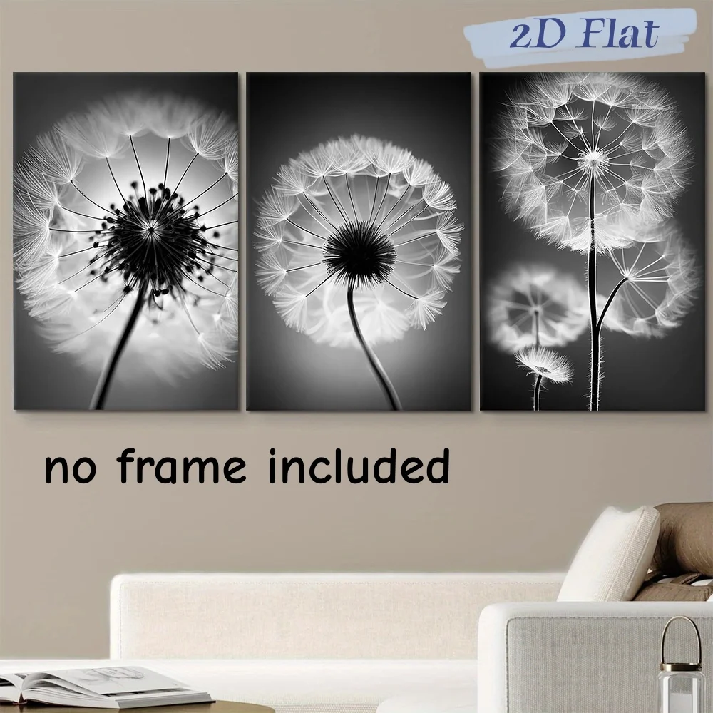 2D Flat,3pcs frameles,3-piece set of black and white dandelion frameless canvas decorative paintings, modern minimalist home, li