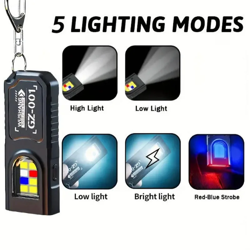 Multifunctional Keychain Flashlight USB Rechargeable Mini Flashlight With COB Work Light Keyring Camping Walking Pocket Lamp