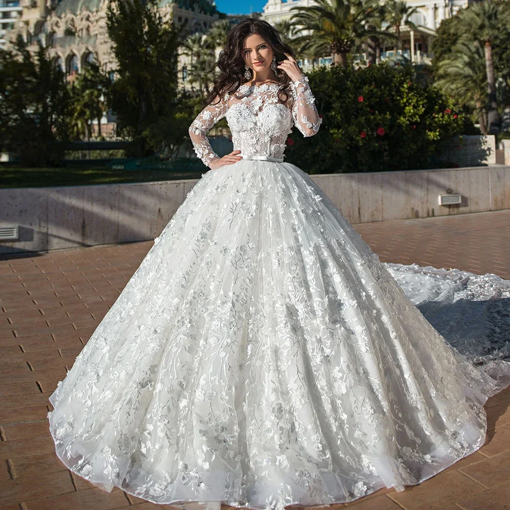 

3D Flowers Wedding Dresses Fashion O-Neck Appliques Draped Ball Gowns Elegant Long Sleeves Court Train White Bridal Dresses