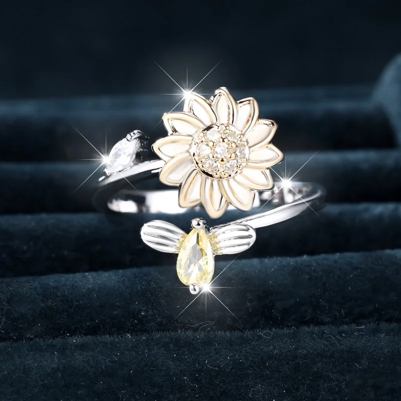 2026 New Sunflower Bee Open Ring Color Separation Set with Yellow Zirconium Adjustable Elegant Personalized Accessory