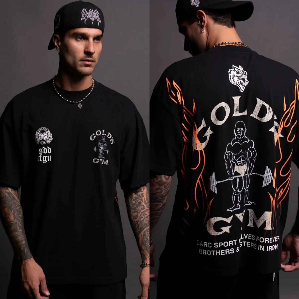 2026 American Vintage GOLD'S GYM Flame Wolf Head Print Short Sleeve T-shirt Men's Loose Heavy Weight Fitness Exercise T-shirt