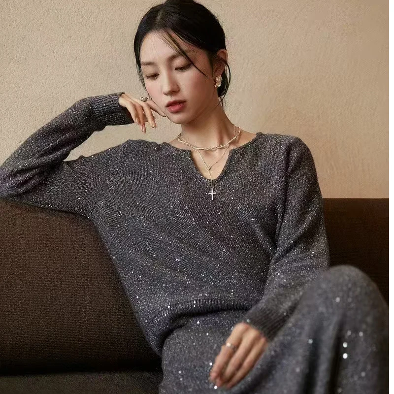 Autumn and Winter New V-neck 100% Wool Fine Shiny Knitted Sweater + Elastic waist Half Skirt Women's 2-Piece Set S-XL