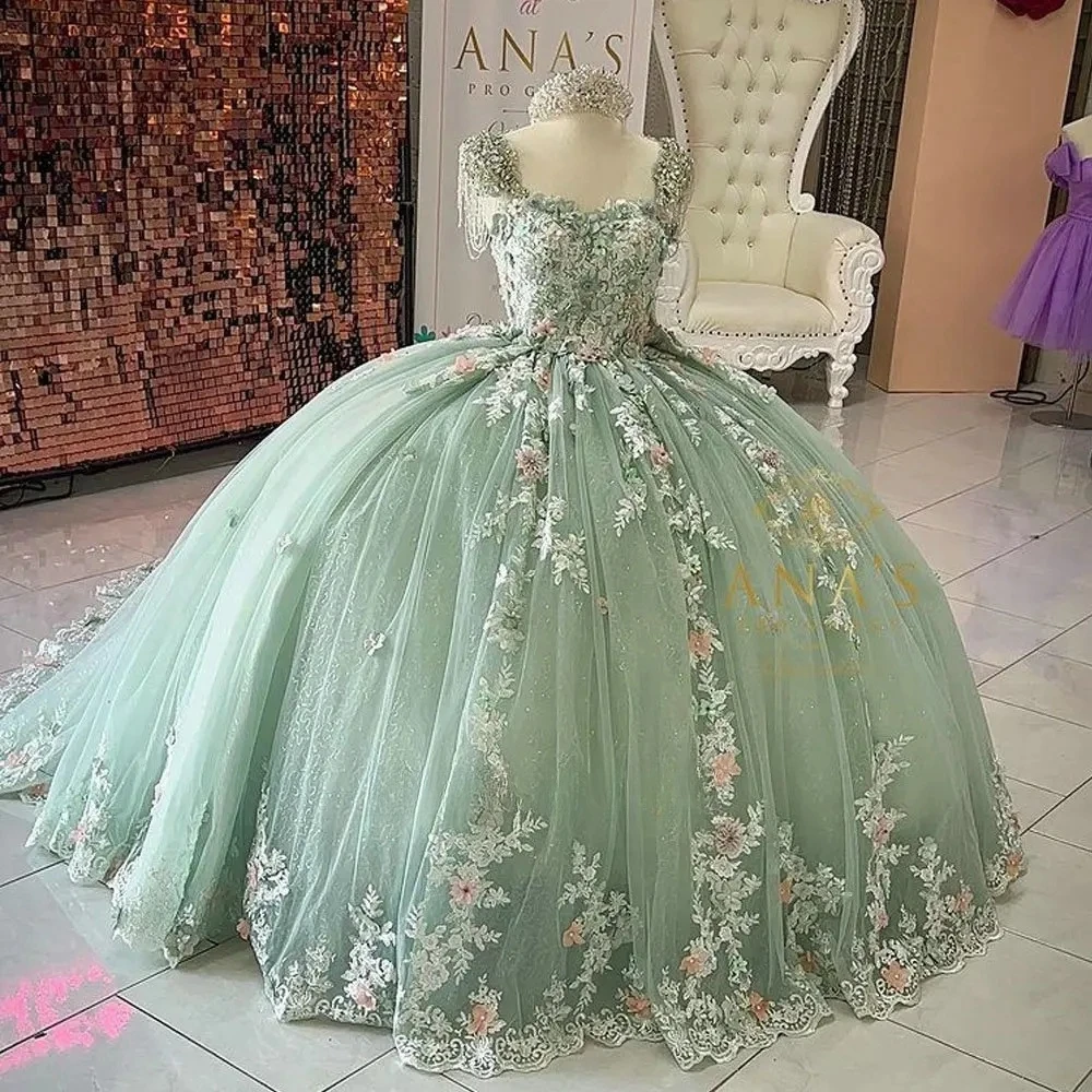 

Mint Green Charro Quinceanera Dresses Ball Gown Sweetheart Tulle Appliques Beaded Mexican Sweet 16 Dresses 15 Anos