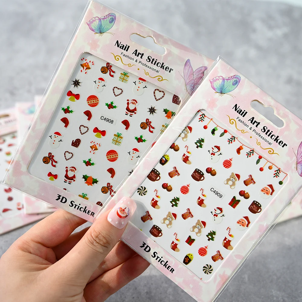 1pcs 10*8cm 3D Cute Christmas Series Nail Art Sticker Kawaii Cartoon Snowman/Elk/Santa Claus Design DIY Self Adhesive Nail Decal