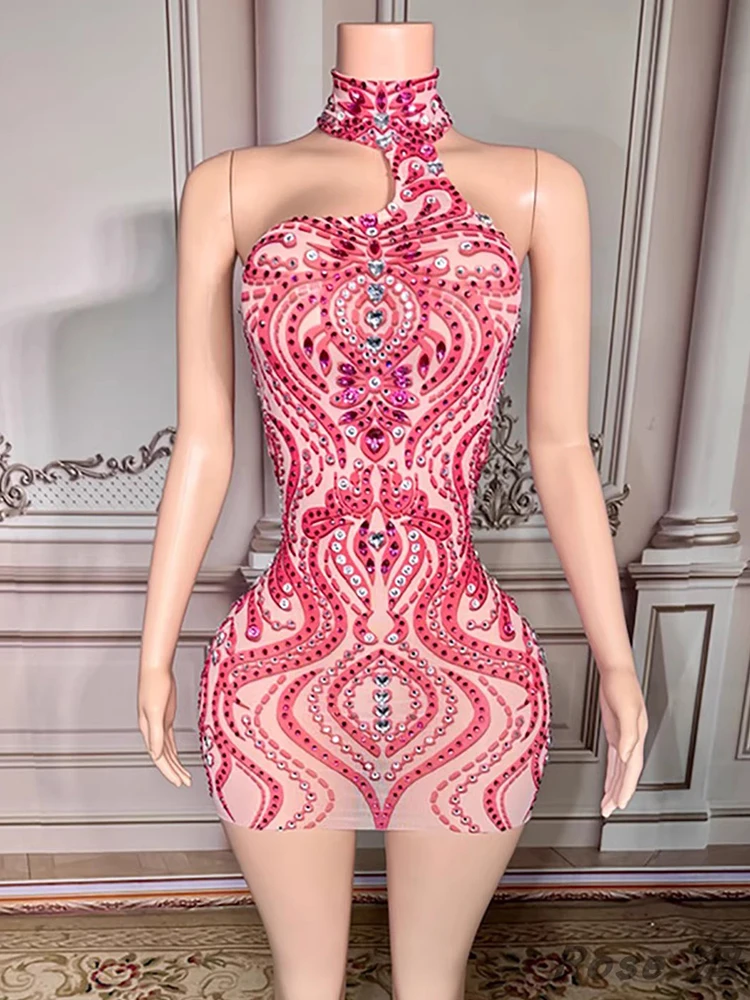 

High Quality Rhinestone Sexy Hanging Neck Bare Back Dress 2025 New Fashion Custom Women'S Clothing