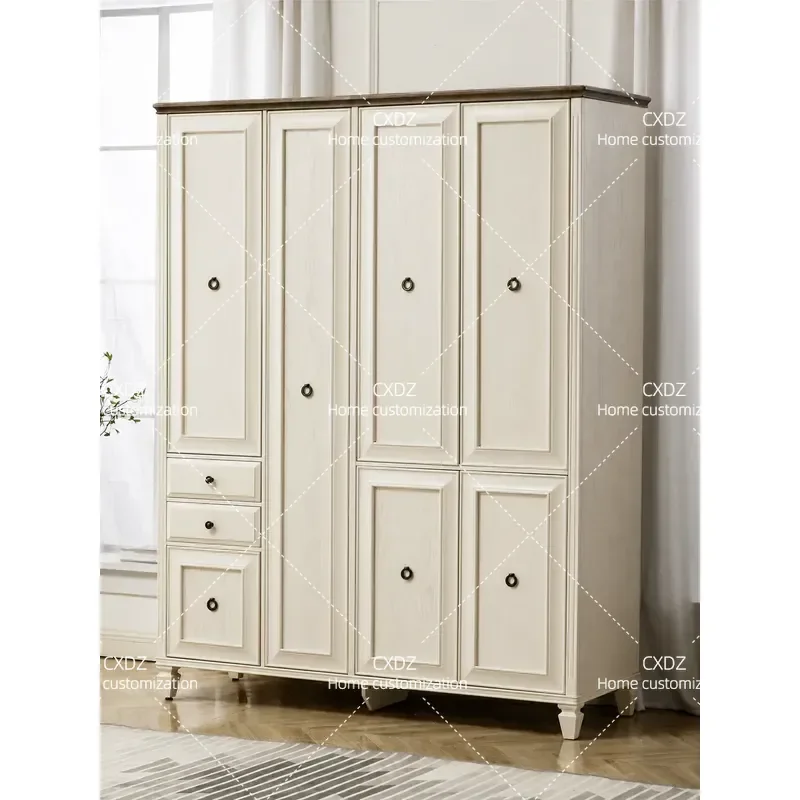 Pure Solid Wood Four Door Wardrobe Large White Swing Door Bedroom Closet Light Luxury Custom Furniture Storage Cabinet