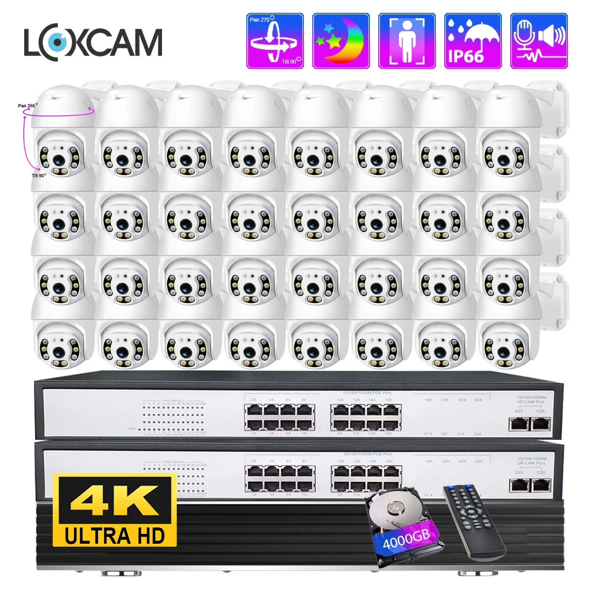 LOXCAM 32CH Security Ip Camera System 4K 8MP 5MP Ptz Auto Track Smart Human Detect Outdoor Two Way Audio Video Surveillance Kit