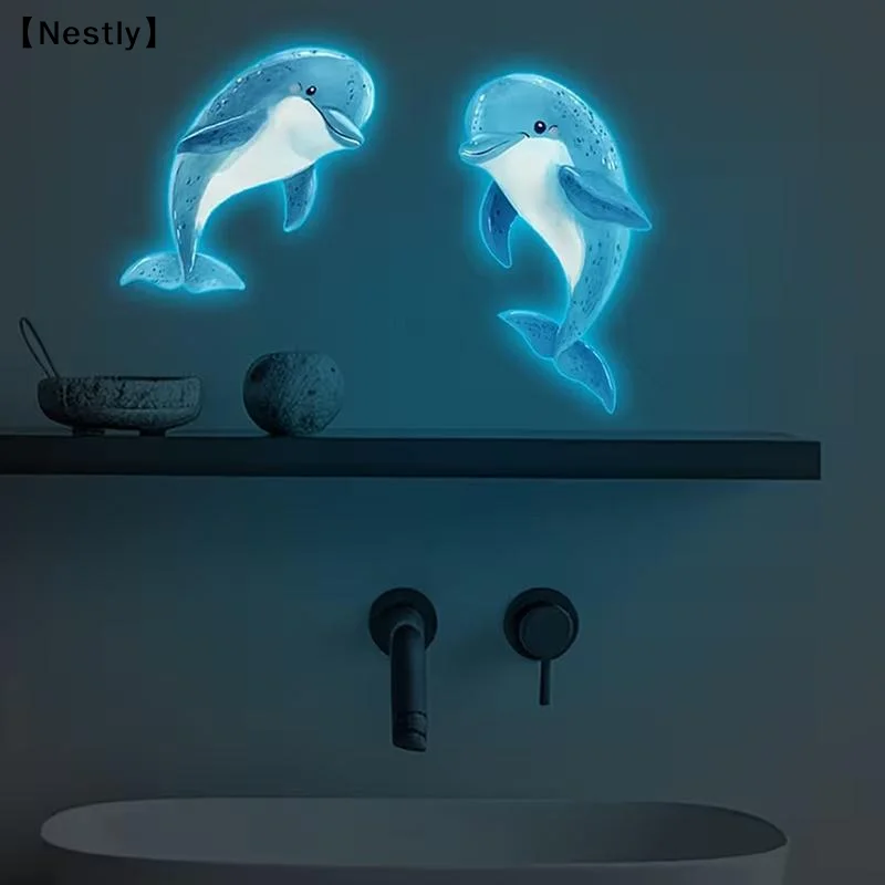 Glow-in-the-Dark Blue Dolphin Toilet Sticker Wall Glass Sticker Bathroom Decal Removable Self-Adhesive Home Decor Sticker〔Nest〕