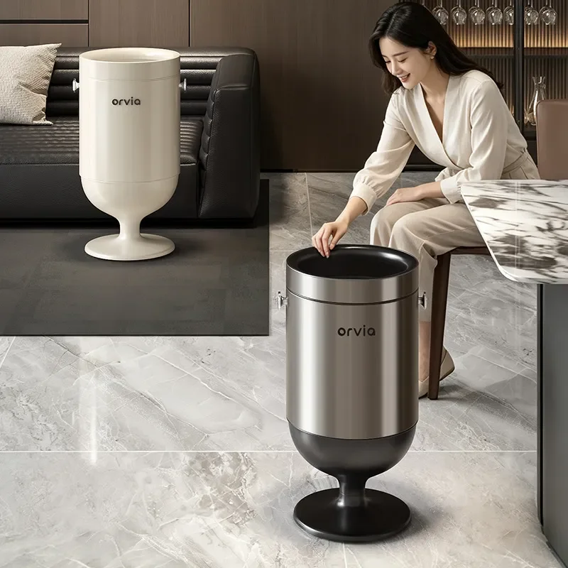 Stainless Steel High Footed Trash Can No Bending Living Room Household Light Luxury Uncovered Waste Bin Antique Paper Basket