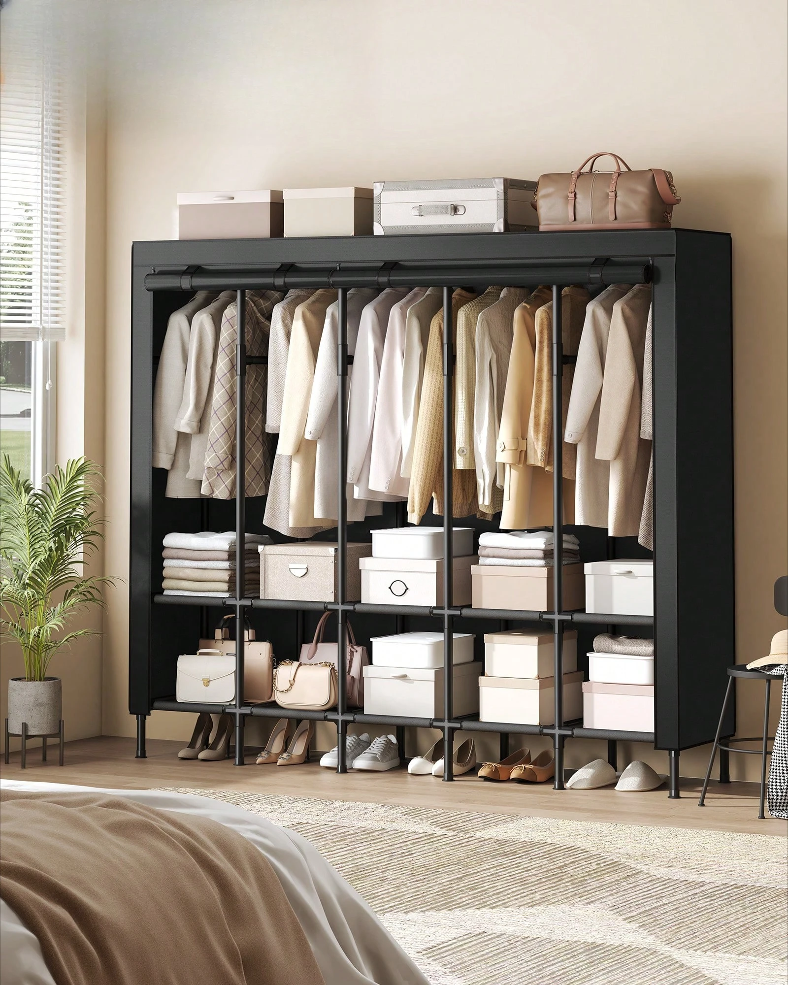 Wardrobe Closet Portable Fabric Cover - Armario Portátil Resistente, Moderno, Negro, Independiente,