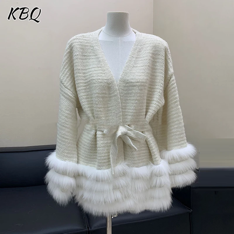 

KBQ однотонный шикарный женский свитер с перьями и v-образным вырезом, длинным рукавом, вязаный осенний кардиган на шнуровке, женский новый модный стиль