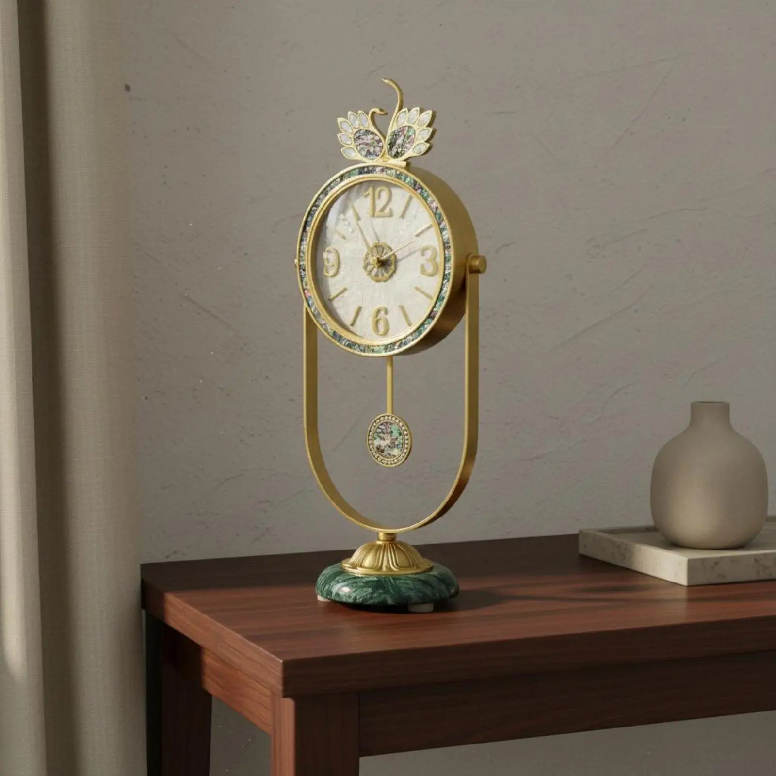 Elegant Ornamental Desk Clock Gold Frame Emerald Base Stylish Marble Decorative Clock for Bedroom Workspace