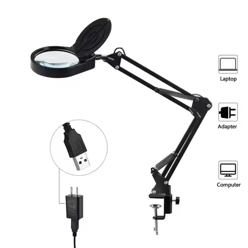 LED Magnifying Glass Lamp, 3 Color Modes, Stepless, Dimmable, 5.5 Diopter, Lens, Adjustable Swivel Arm, 10X, 20X