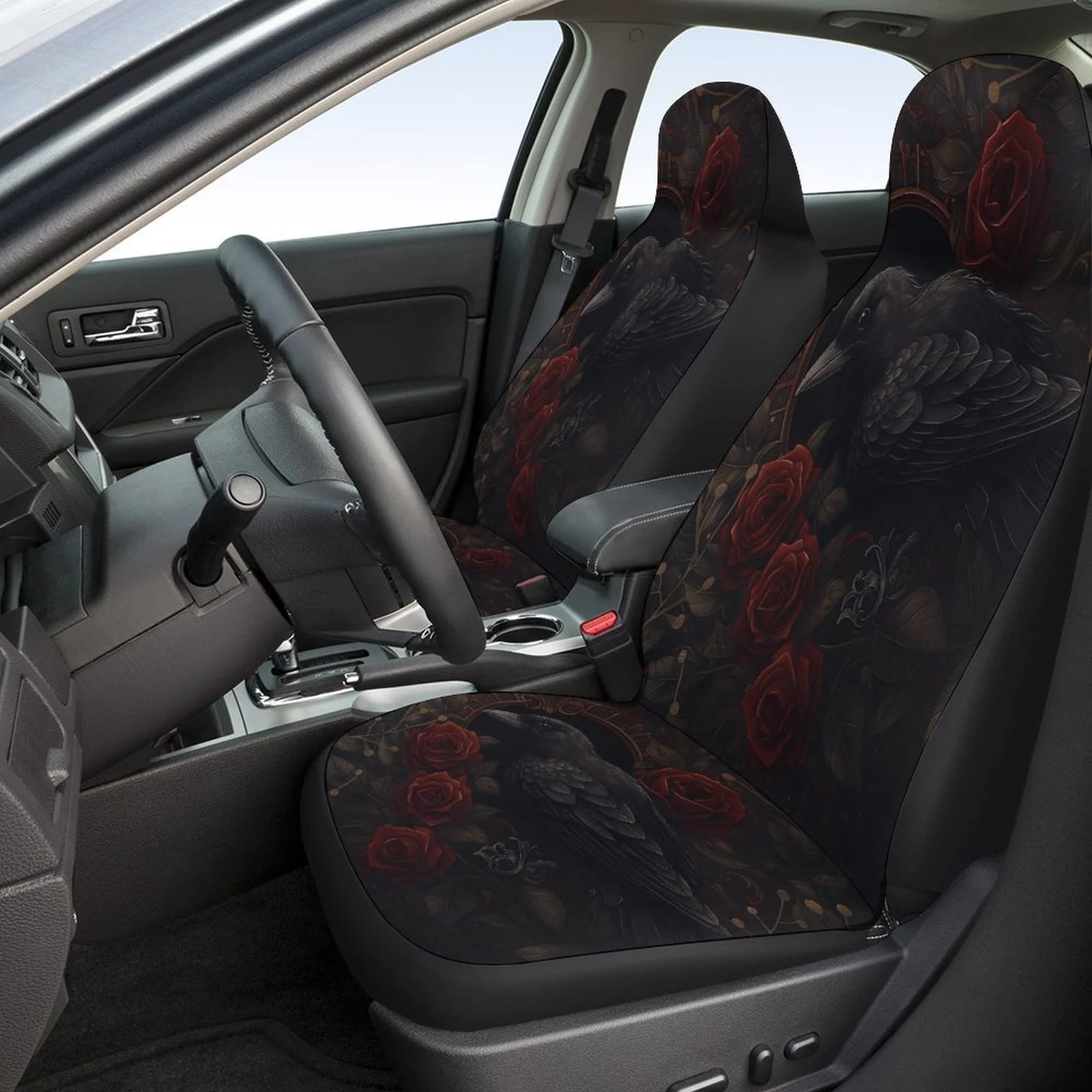 Raven Roses Clock Design Car Seat Cover Set - Stylish Black & Red Floral Pattern, Durable Polyester, Machine Washable, Fits Most