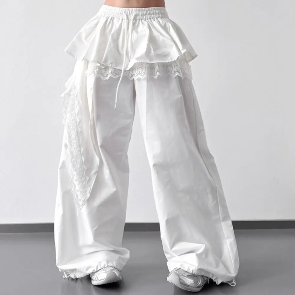 Sweet Young Women Lace Patchwork Pants High Waist Baggy Lace Tiered Skirt Pants Casual Drawstring Wide Leg Trousers Girls