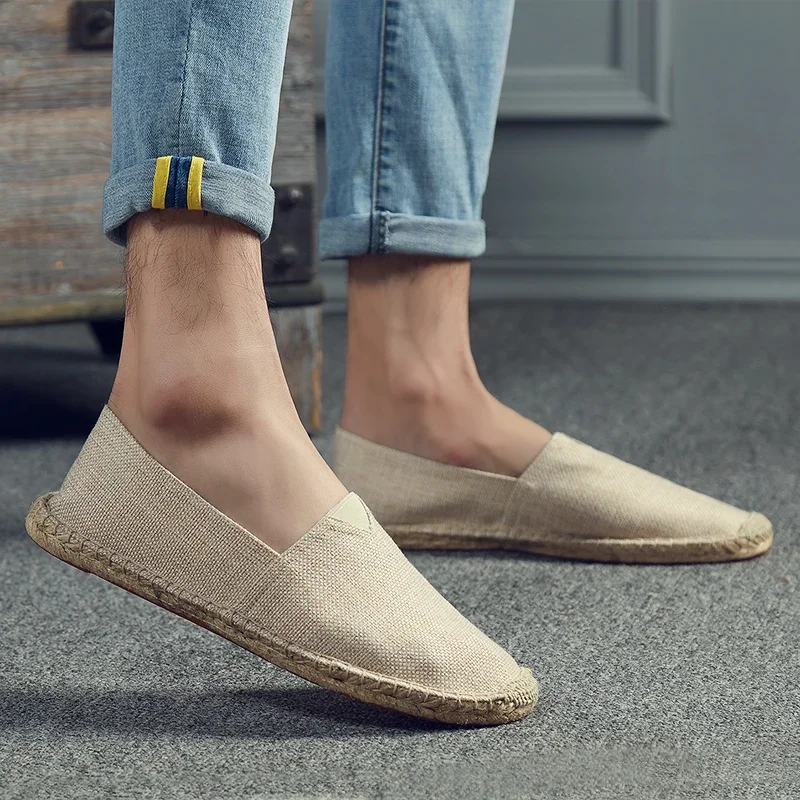 2024 Casual Shoes Man Espadrilles Hemp Canvas Flat Shoes Plus Size Fisherman Driving Footwear Women Sewing Flax Slip on Loafers