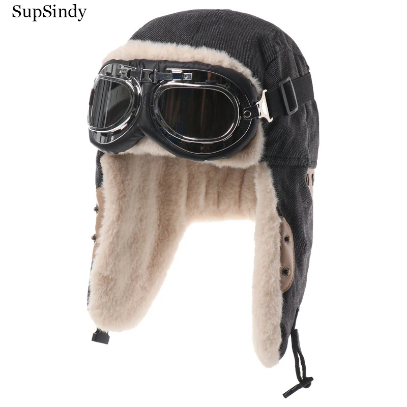 SupSindy Men Winter Bomber Hat With Goggles Outdoor Motorcycle Windproof Warm Faux Fur Pilot Earflap Hat Canvas Thermal Ushanka