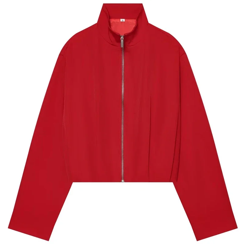 2026 Women's Cropped Bomber Jacket Autumn Black Red Outerwear Elegant Loose Stand Collar Zip Up Tops Chic Street Style Coat