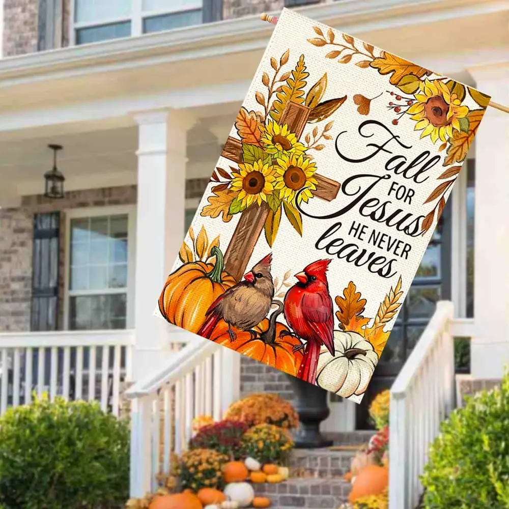 RABUSOFA Fall for Jesus House Flags 28 x 40 Double Sided for Outside,Autumn Thanksgiving Pumpkin Flowers Cross He Never Leav GGX