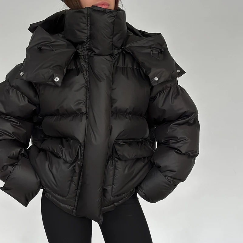 Kapuzenjacke mit Großen Taschen, Übergroße Gefütterte Jacken für Damen, Street-Style, Stehkragen, Lange Ärmel, Reißverschluss, Einfarbig, Lose Pufferjacken, Neue Oberbekleidung – Detail 23