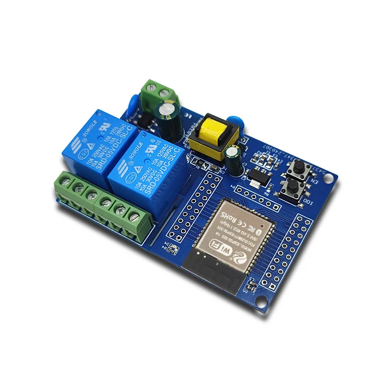 ESP32 2-Channel Wi-Fi Bluetooth Relay Board Module, AC 90-250V Power Supply, 4MB Flash, Programmable Development Board