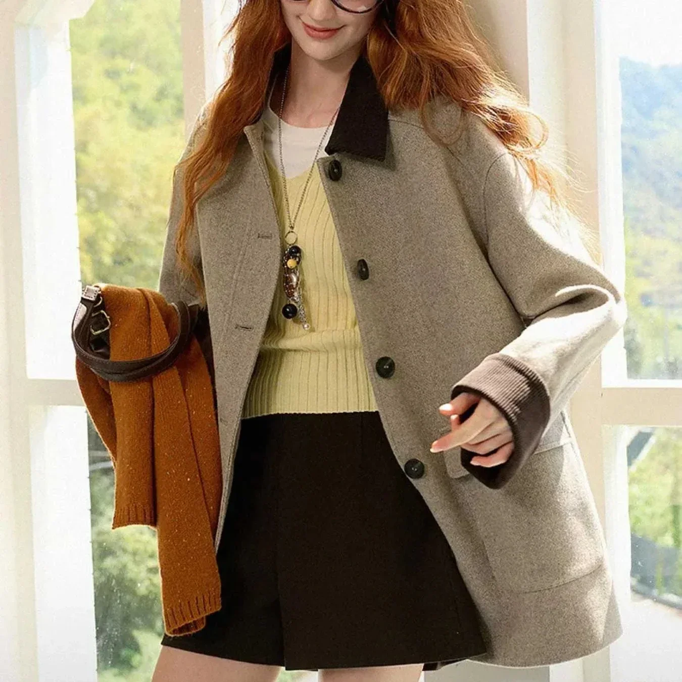 Women Retro Color Block Corduroy Collar Wool Blend Coat, Single Breasted Loose Fit Fall Spring Casual Outerwear