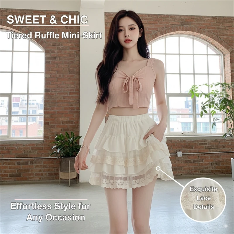

Милая кружевная мини-юбка для женщин, многоуровневая сетчатая вышивка с оборками, короткая юбка в стиле Харадзюку, летняя повседневная повседневная одежда