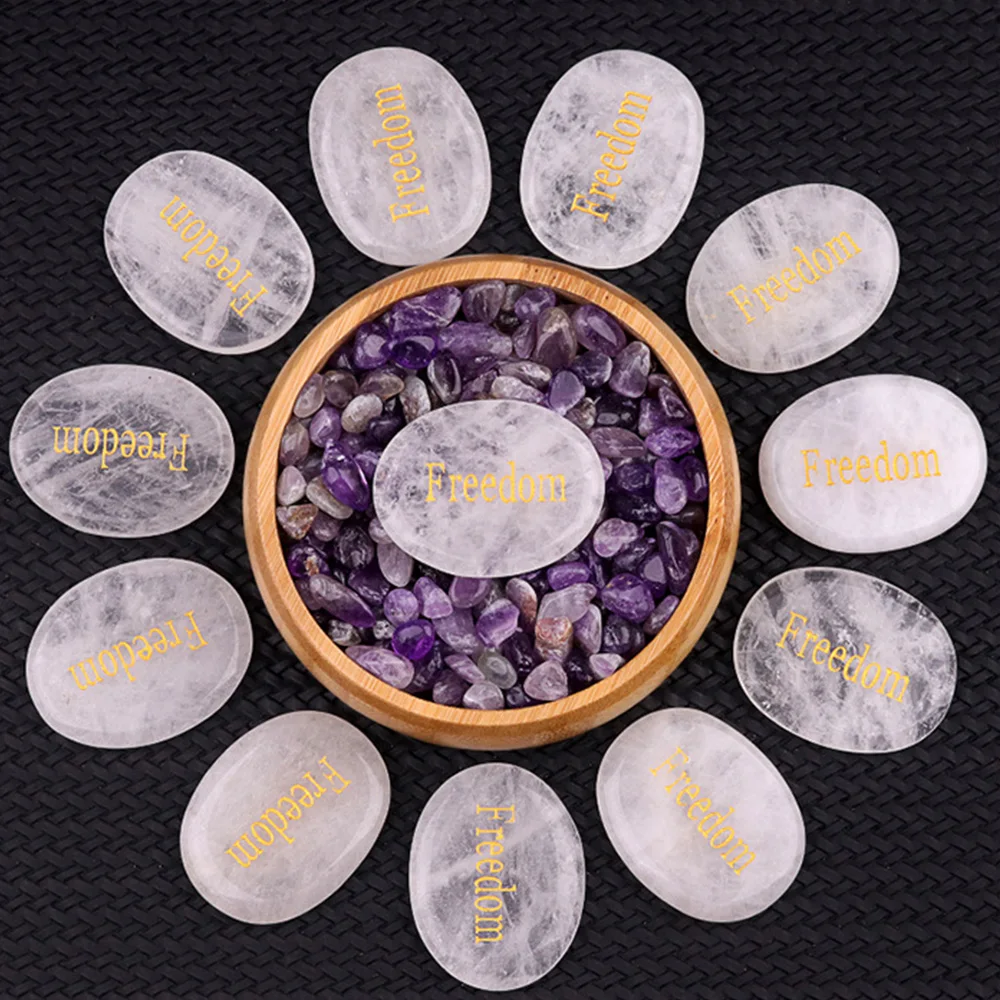 Freedom Crystal Stone Beads Ornament Carving Clear Quartz Thumb Worry Stone Energy Bead for DIY Stickers Home Decoration 35x45mm