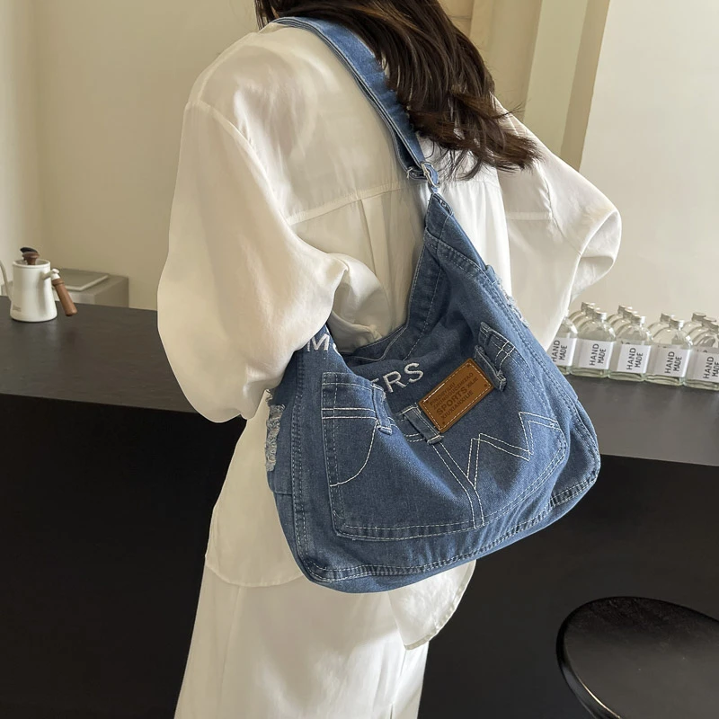 

New Denim Zipper Women's Shoulder Bags Fashionable Trendy Crossbody Bags Hot Selling Concise Versatile Large Capacity