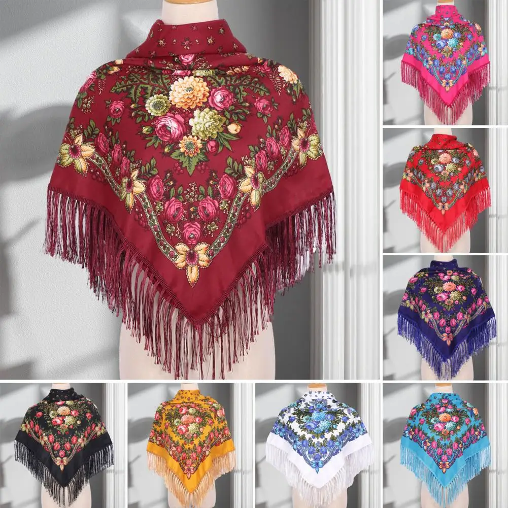 Ethic Style Floral Print Shawl Fringed Elegant Soft Women Blanket Scarf Fall Winter Middle-Aged Women Square Shawl Neck Wrap