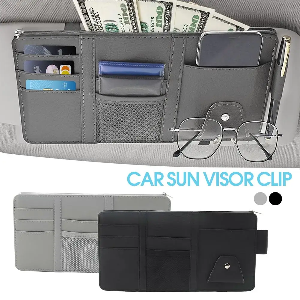 Organizador multifuncional para parasol de coche, gafas de cuero PU, billete con cremallera/tarjeta de visita/bolsa de identificación sin bloqueo de visión para SUV/T B0V2